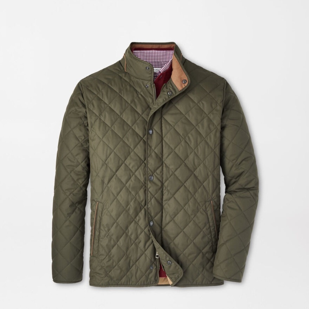 EUC Peter Millar Olive Green Quilted Jacket with Brown Trim-XXL